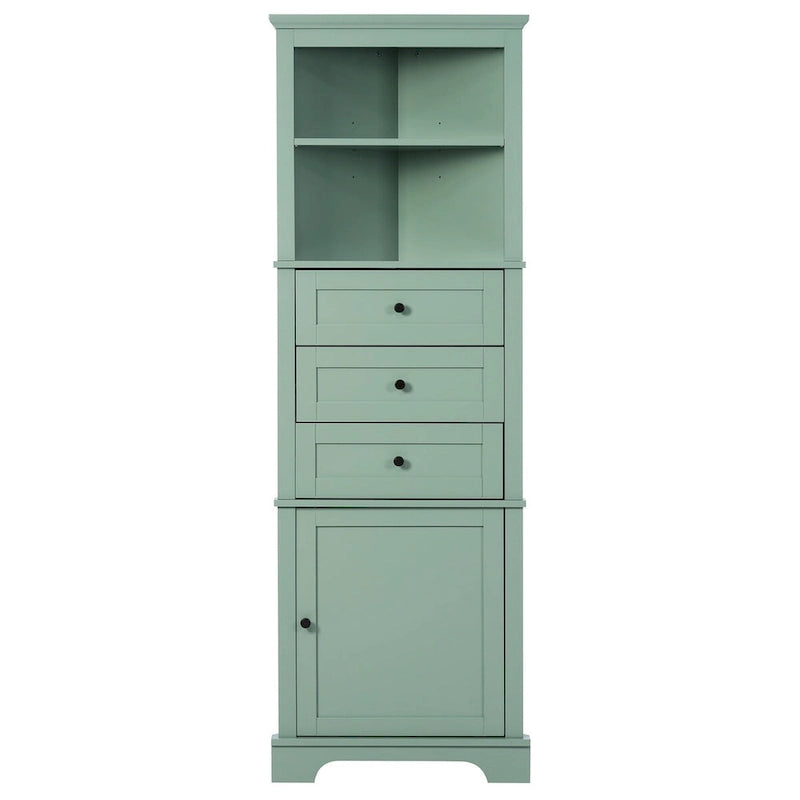 Armadietto da bagno verde in legno alto 175 cm, 1 anta con 3 cassetti e ripiano regolabile
