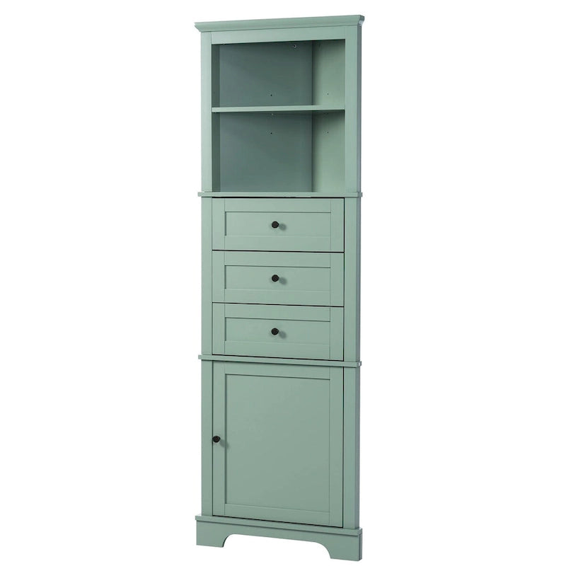 Armadietto da bagno verde in legno alto 175 cm, 1 anta con 3 cassetti e ripiano regolabile