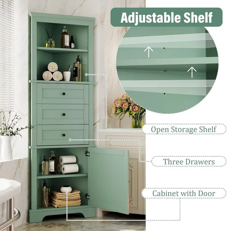 Armadietto da bagno verde in legno alto 175 cm, 1 anta con 3 cassetti e ripiano regolabile