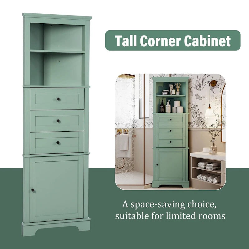 Armadietto da bagno verde in legno alto 175 cm, 1 anta con 3 cassetti e ripiano regolabile