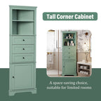 Armadietto da bagno verde in legno alto 175 cm, 1 anta con 3 cassetti e ripiano regolabile