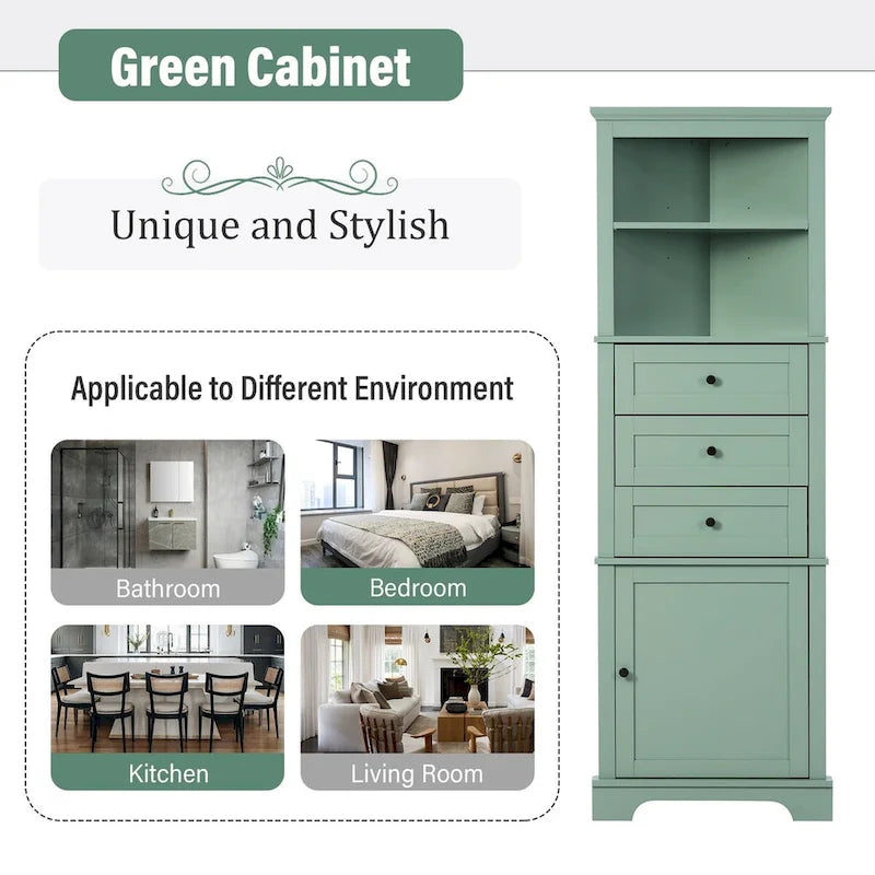 Armadietto da bagno verde in legno alto 175 cm, 1 anta con 3 cassetti e ripiano regolabile