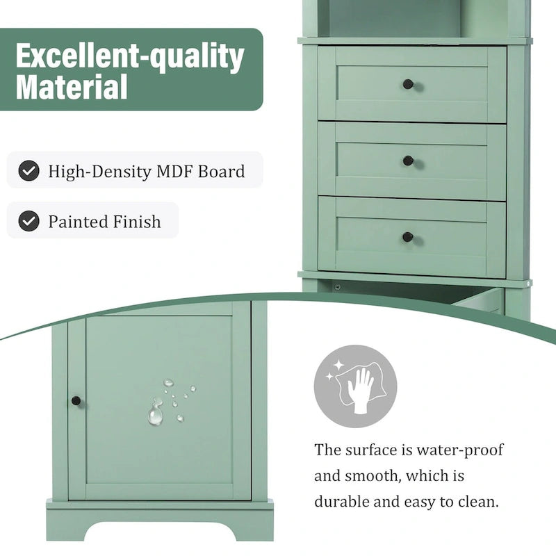 Armadietto da bagno verde in legno alto 175 cm, 1 anta con 3 cassetti e ripiano regolabile