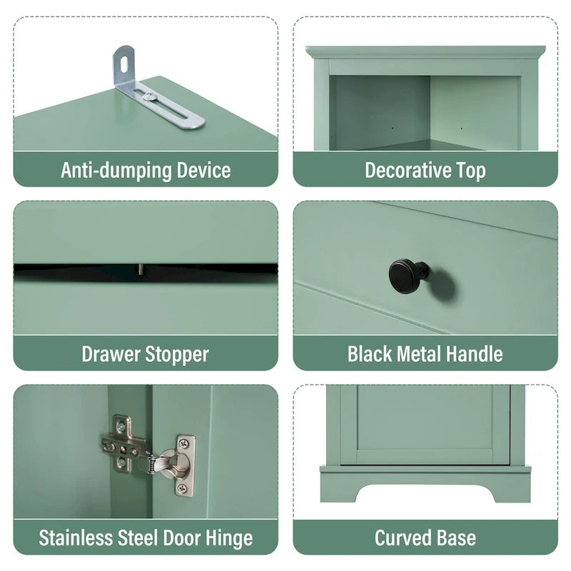 Armadietto da bagno verde in legno alto 175 cm, 1 anta con 3 cassetti e ripiano regolabile