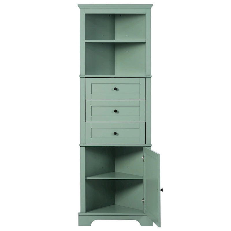 Armadietto da bagno verde in legno alto 175 cm, 1 anta con 3 cassetti e ripiano regolabile