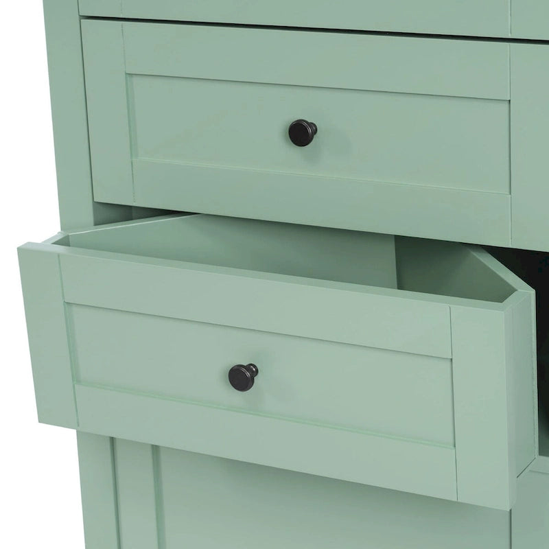 Armadietto da bagno verde in legno alto 175 cm, 1 anta con 3 cassetti e ripiano regolabile