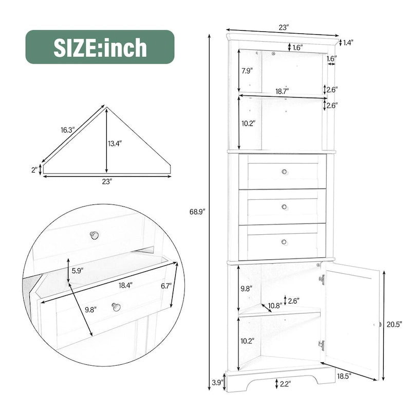 Armadietto da bagno verde in legno alto 175 cm, 1 anta con 3 cassetti e ripiano regolabile
