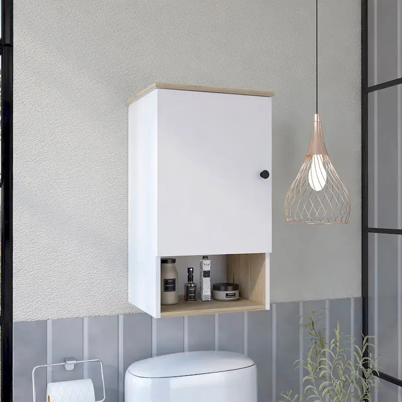 Pensile da bagno con anta singola e ripiano a giorno, bianco/grigio