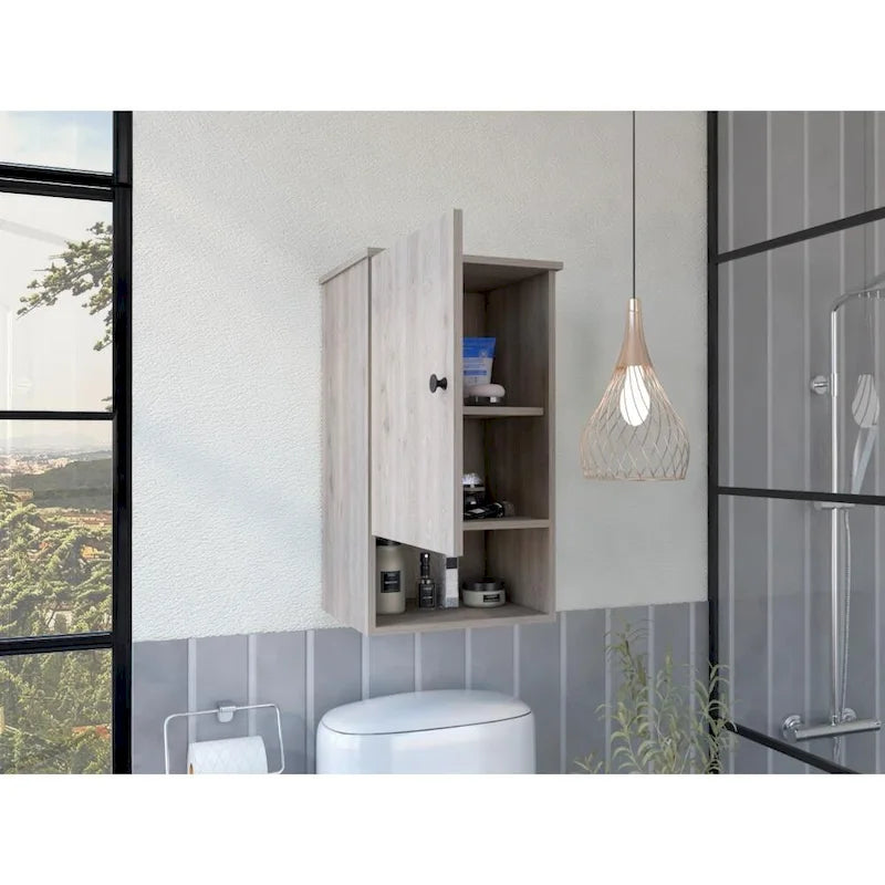 Pensile da bagno con anta singola e ripiano a giorno, bianco/grigio