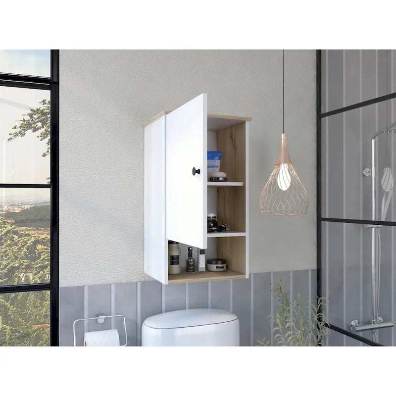 Pensile da bagno con anta singola e ripiano a giorno, bianco/grigio