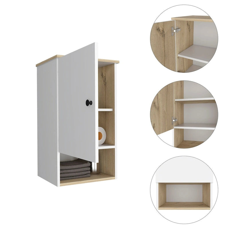 Pensile da bagno con anta singola e ripiano a giorno, bianco/grigio