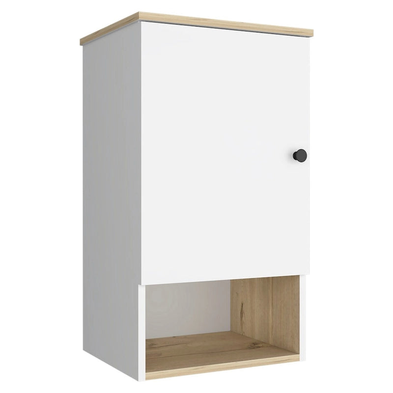 Pensile da bagno con anta singola e ripiano a giorno, bianco/grigio