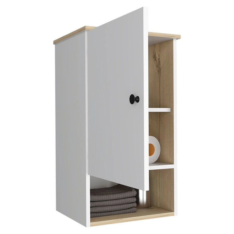 Pensile da bagno con anta singola e ripiano a giorno, bianco/grigio
