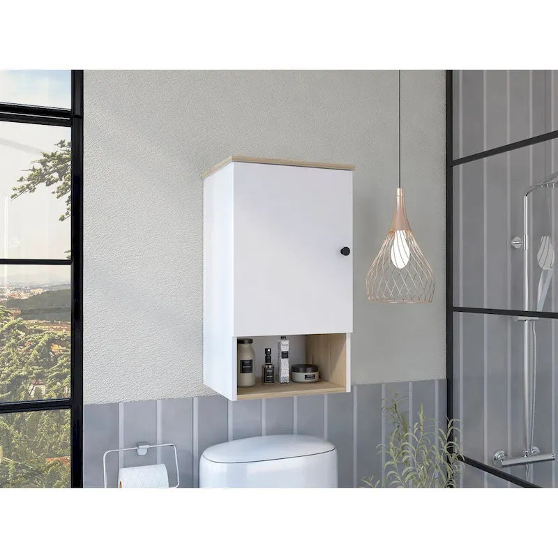 Pensile da bagno con anta singola e ripiano a giorno, bianco/grigio