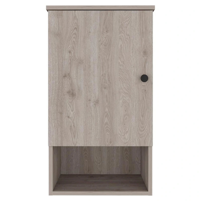 Pensile da bagno con anta singola e ripiano a giorno, bianco/grigio