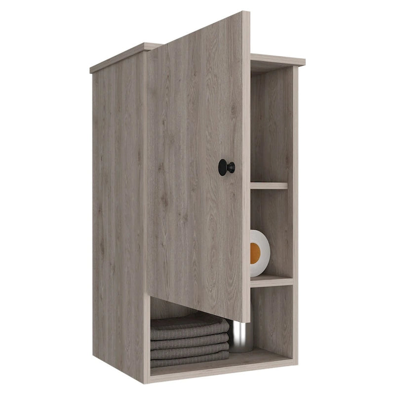 Pensile da bagno con anta singola e ripiano a giorno, bianco/grigio