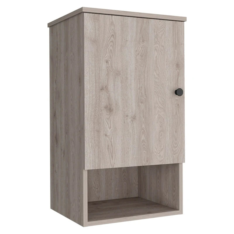 Pensile da bagno con anta singola e ripiano a giorno, bianco/grigio