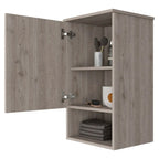Pensile da bagno con anta singola e ripiano a giorno, bianco/grigio