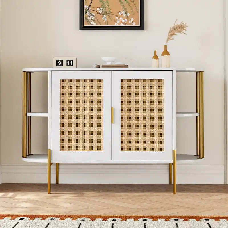 Credenza laterale curva bianca / grigio scuro / nera / naturale con ante in rattan e gambe dorate, montaggio per 1 persona