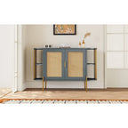 Weißes / dunkelgraues / schwarzes / natürliches geschwungenes Sideboard mit Rattantüren und goldenen Beinen, Montage durch 1 Person