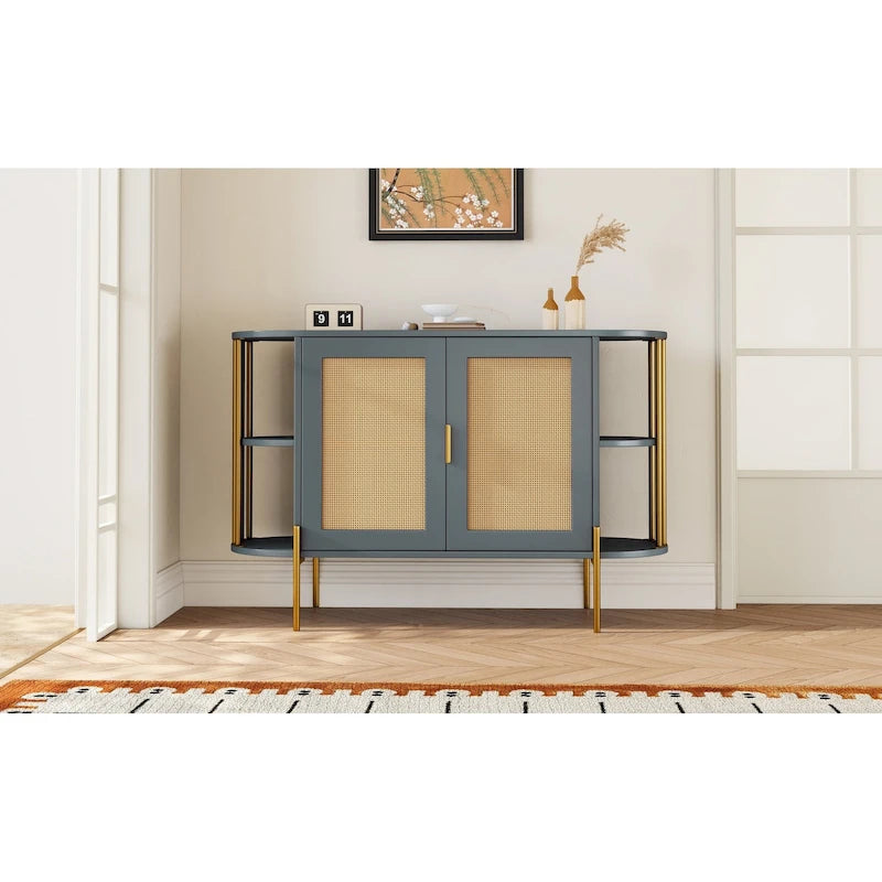 Credenza laterale curva bianca / grigio scuro / nera / naturale con ante in rattan e gambe dorate, montaggio per 1 persona