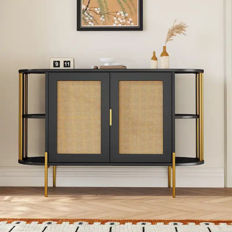 Credenza laterale curva bianca / grigio scuro / nera / naturale con ante in rattan e gambe dorate, montaggio per 1 persona