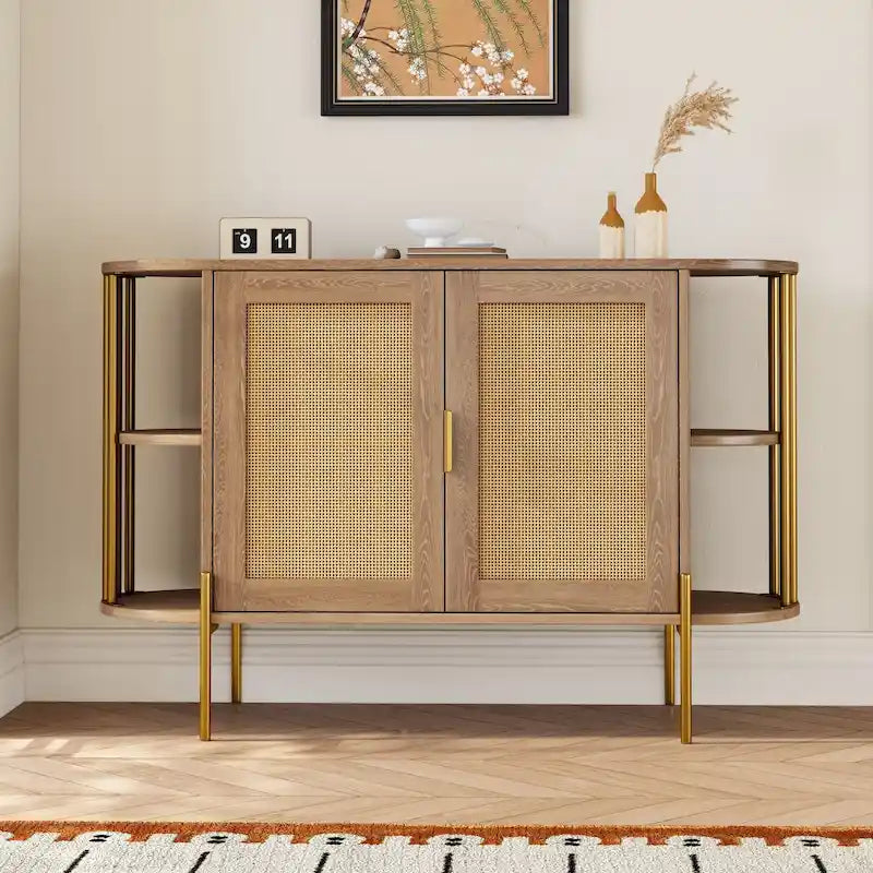 Credenza laterale curva bianca / grigio scuro / nera / naturale con ante in rattan e gambe dorate, montaggio per 1 persona