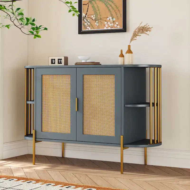 Credenza laterale curva bianca / grigio scuro / nera / naturale con ante in rattan e gambe dorate, montaggio per 1 persona
