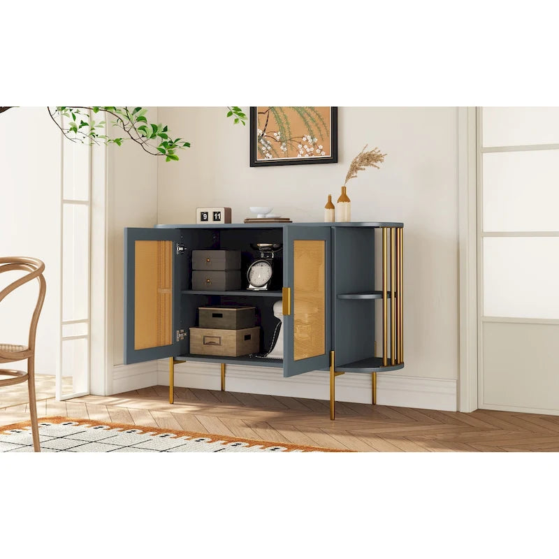 Credenza laterale curva bianca / grigio scuro / nera / naturale con ante in rattan e gambe dorate, montaggio per 1 persona