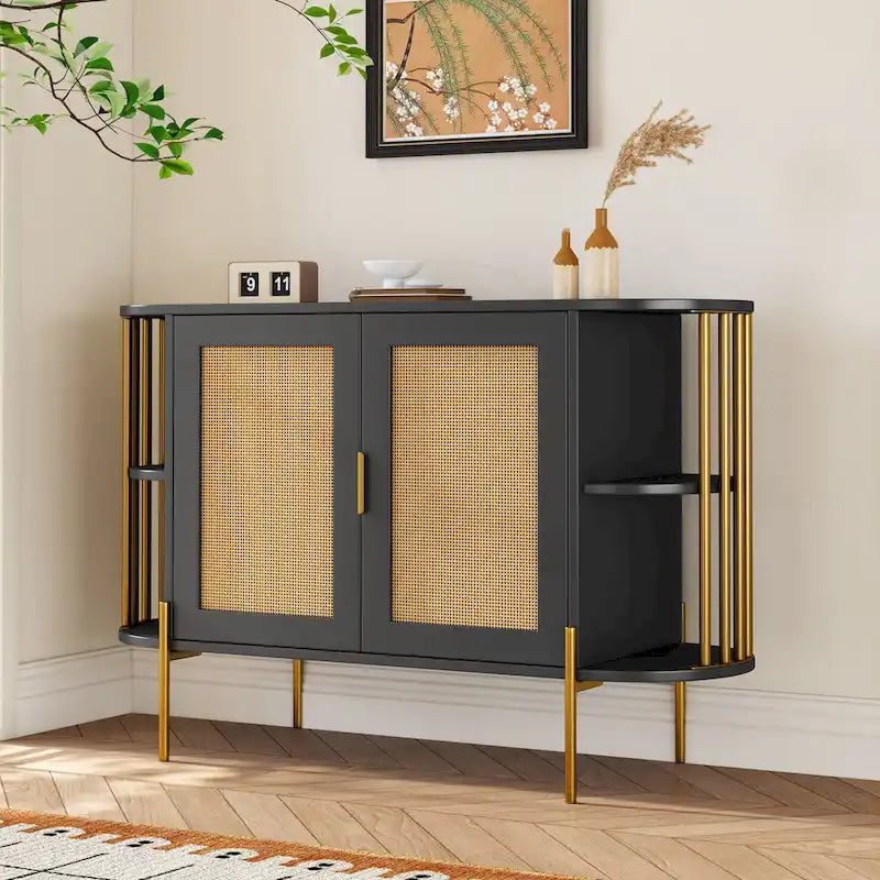 Credenza laterale curva bianca / grigio scuro / nera / naturale con ante in rattan e gambe dorate, montaggio per 1 persona