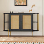 Weißes / dunkelgraues / schwarzes / natürliches geschwungenes Sideboard mit Rattantüren und goldenen Beinen, Montage durch 1 Person