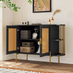 Weißes / dunkelgraues / schwarzes / natürliches geschwungenes Sideboard mit Rattantüren und goldenen Beinen, Montage durch 1 Person