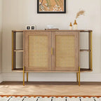 Weißes / dunkelgraues / schwarzes / natürliches geschwungenes Sideboard mit Rattantüren und goldenen Beinen, Montage durch 1 Person
