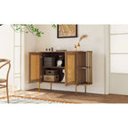 Weißes / dunkelgraues / schwarzes / natürliches geschwungenes Sideboard mit Rattantüren und goldenen Beinen, Montage durch 1 Person