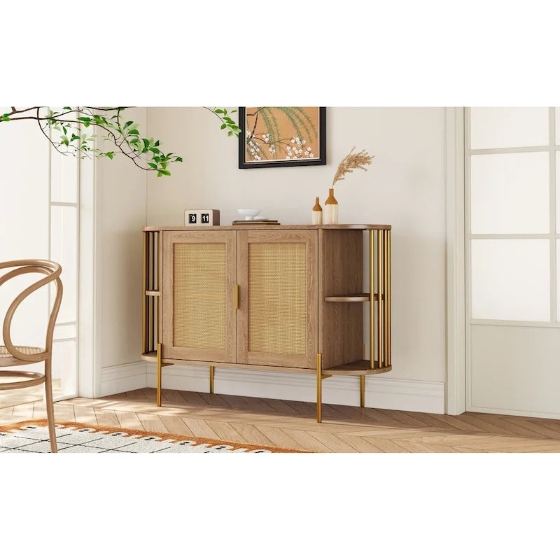 Weißes / dunkelgraues / schwarzes / natürliches geschwungenes Sideboard mit Rattantüren und goldenen Beinen, Montage durch 1 Person
