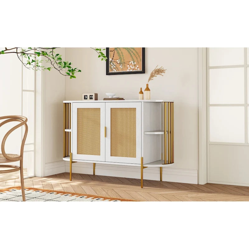 Weißes / dunkelgraues / schwarzes / natürliches geschwungenes Sideboard mit Rattantüren und goldenen Beinen, Montage durch 1 Person