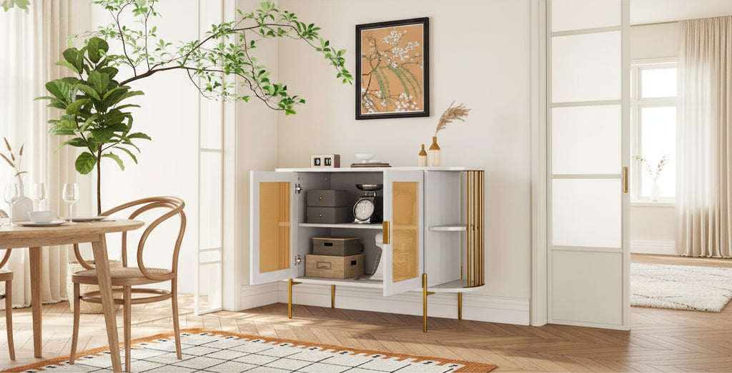 Weißes / dunkelgraues / schwarzes / natürliches geschwungenes Sideboard mit Rattantüren und goldenen Beinen, Montage durch 1 Person