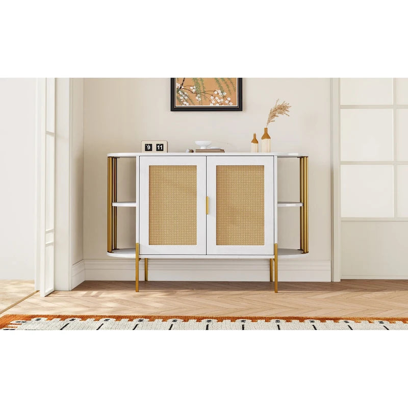 Weißes / dunkelgraues / schwarzes / natürliches geschwungenes Sideboard mit Rattantüren und goldenen Beinen, Montage durch 1 Person