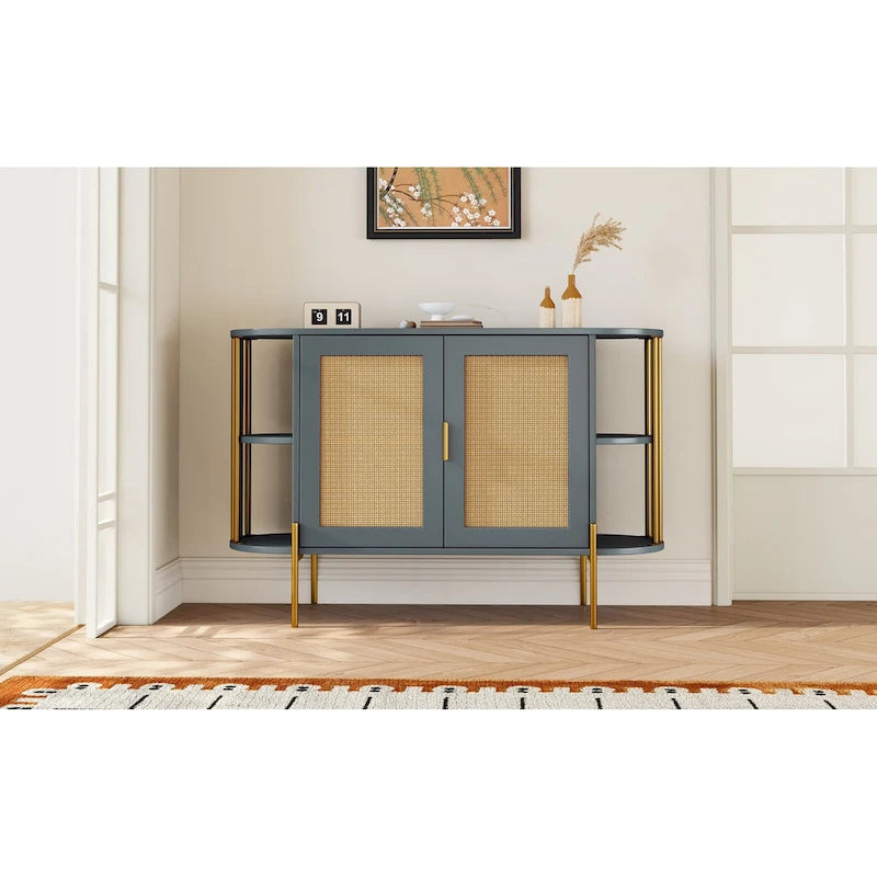 Weißes / dunkelgraues / schwarzes / natürliches geschwungenes Sideboard mit Rattantüren und goldenen Beinen, Montage durch 1 Person