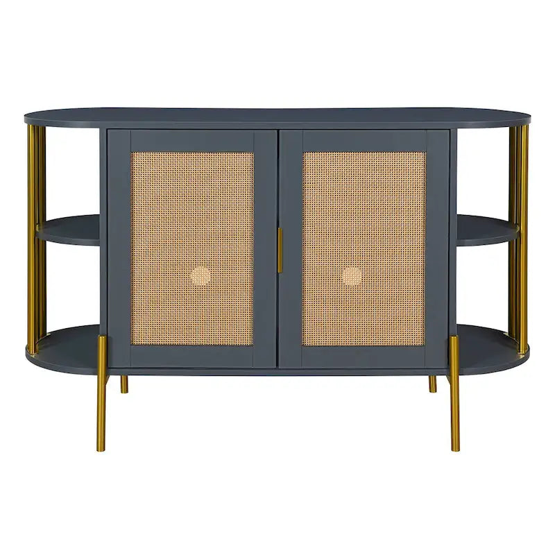 Weißes / dunkelgraues / schwarzes / natürliches geschwungenes Sideboard mit Rattantüren und goldenen Beinen, Montage durch 1 Person
