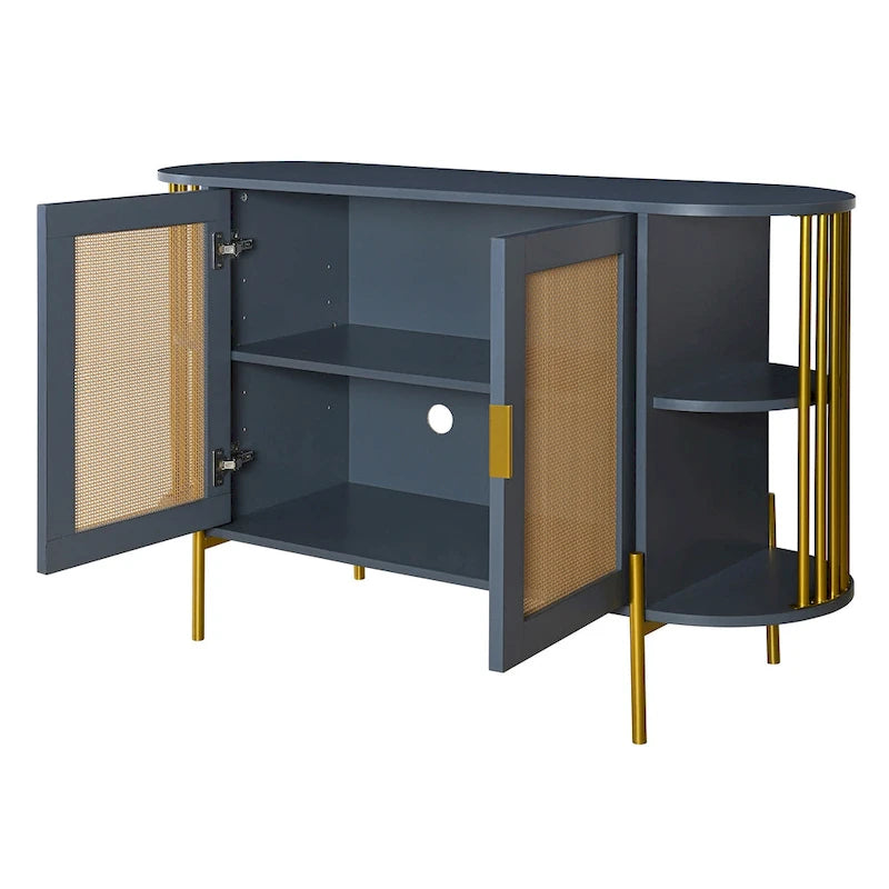 Weißes / dunkelgraues / schwarzes / natürliches geschwungenes Sideboard mit Rattantüren und goldenen Beinen, Montage durch 1 Person