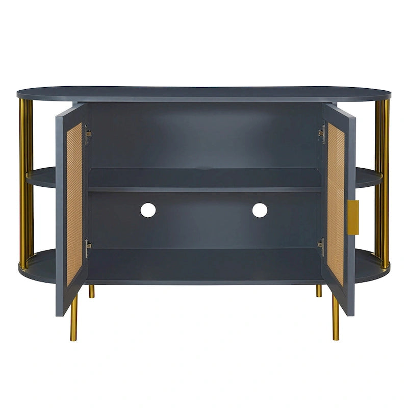 Weißes / dunkelgraues / schwarzes / natürliches geschwungenes Sideboard mit Rattantüren und goldenen Beinen, Montage durch 1 Person