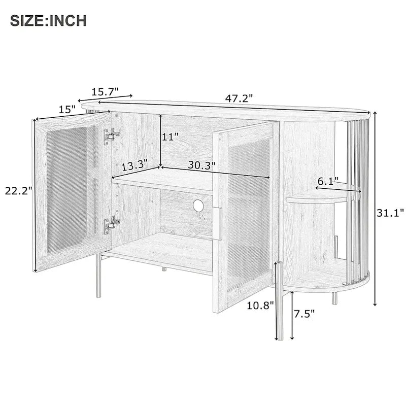 Weißes / dunkelgraues / schwarzes / natürliches geschwungenes Sideboard mit Rattantüren und goldenen Beinen, Montage durch 1 Person