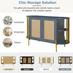 Weißes / dunkelgraues / schwarzes / natürliches geschwungenes Sideboard mit Rattantüren und goldenen Beinen, Montage durch 1 Person