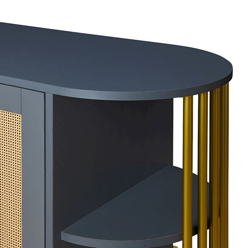 Weißes / dunkelgraues / schwarzes / natürliches geschwungenes Sideboard mit Rattantüren und goldenen Beinen, Montage durch 1 Person