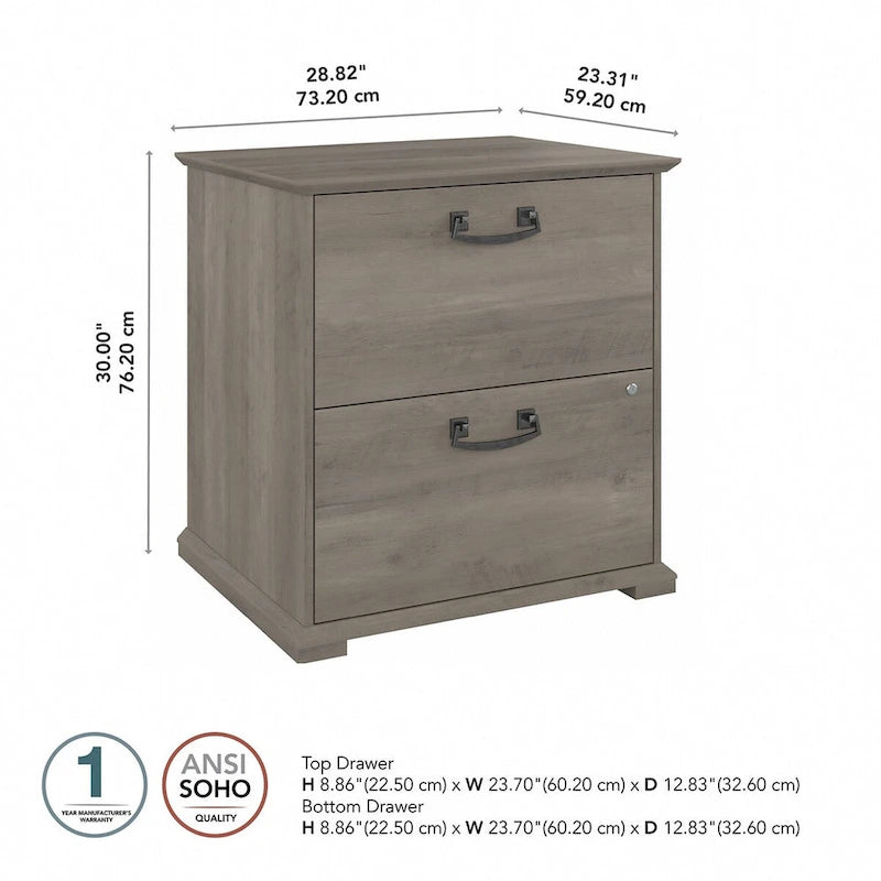Classificatore laterale da fattoria a 2 cassetti, rovere bianco lino/grigio driftwood – 1 utente