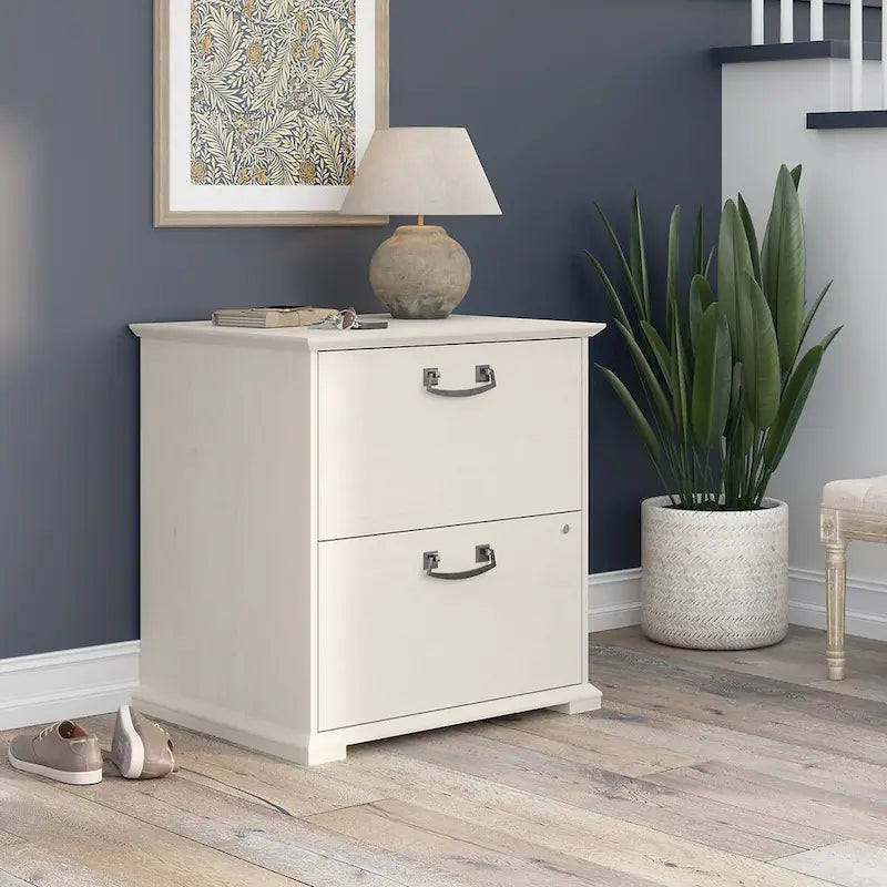 Classificatore laterale da fattoria a 2 cassetti, rovere bianco lino/grigio driftwood – 1 utente